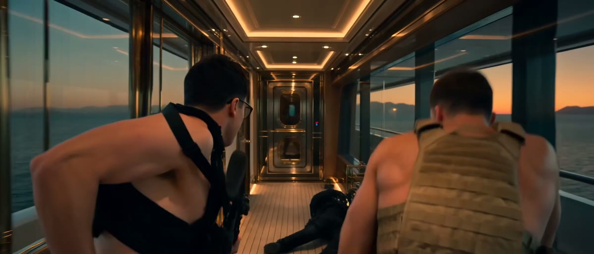 The same corridor with the two figures advancing through it