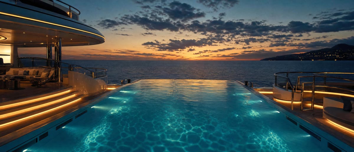 The pool at dusk, built and empty