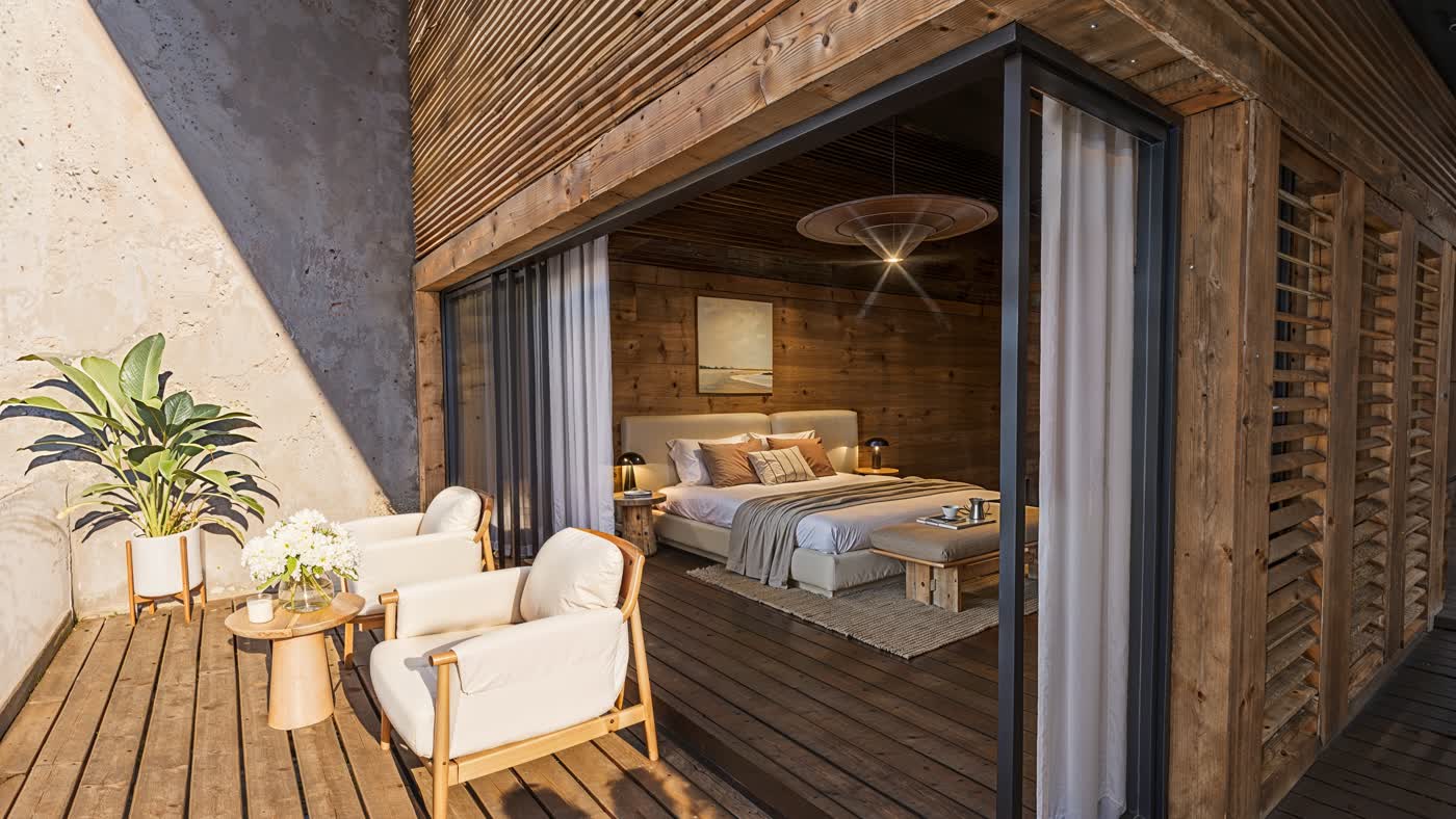 A'ila cove bungalow — open-air deck and bedroom