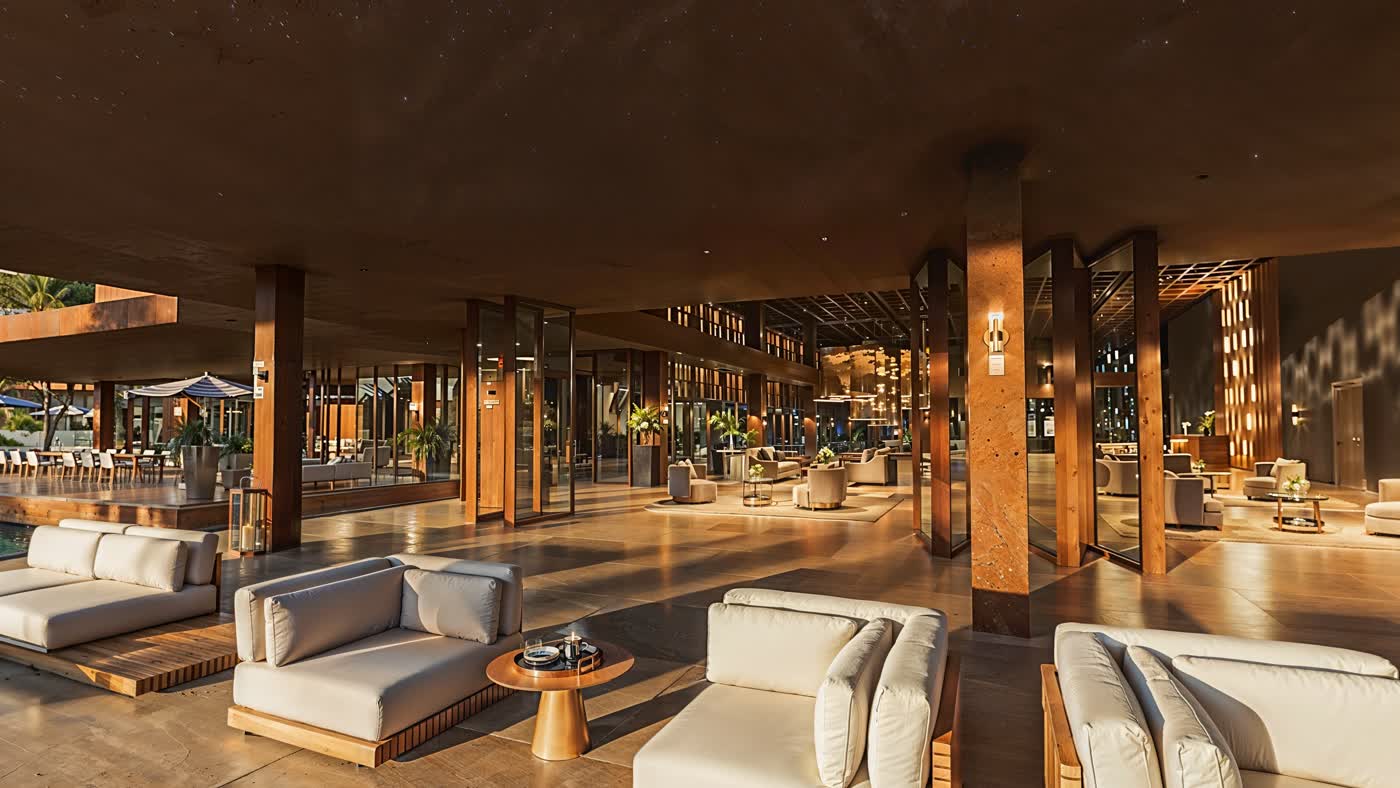 A'ila open-air reception lounge at golden hour