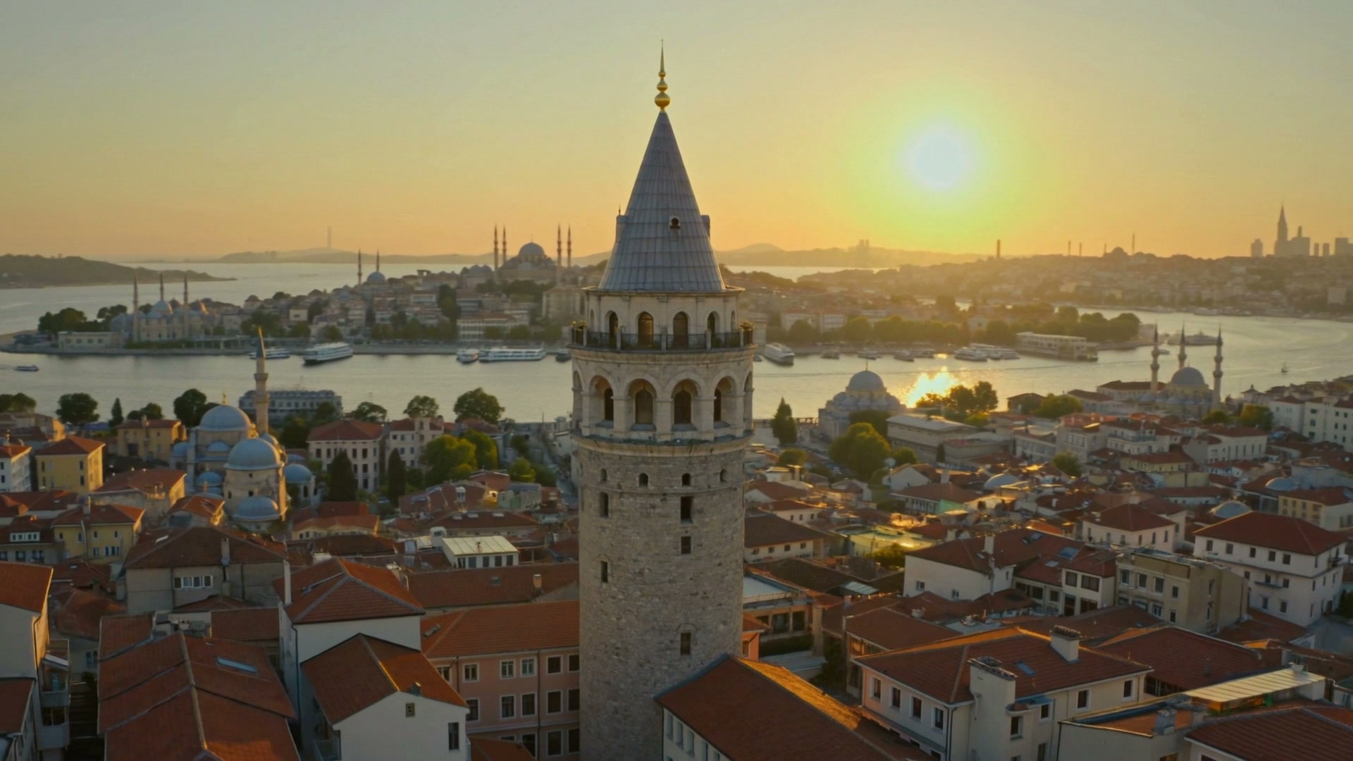 Frame at 0:05 — The drone finds Galata. The film lands on the neighbourhood before it ever shows the apartment — arrival before address.